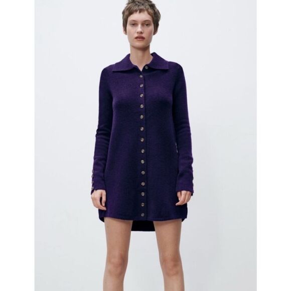 Zara Dresses & Skirts - Zara purple eggplant polo collar knit mini dress size L Large sweater
